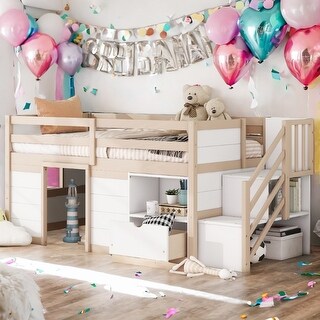Modern & Clean Design Twin Multiple Functional Loft Bed with Stair, Drawer, and Shelf