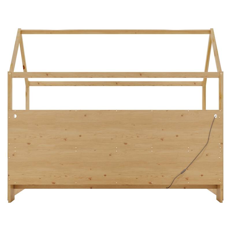 Twin Size Wood House Bed with LED Light and Storage Bookshelf, Floor House Bed with Guardrails