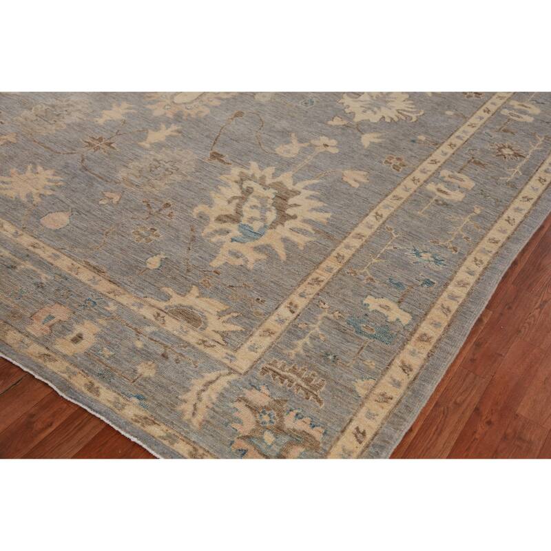 Hand Knotted Oriental 100% Wool Carpet Transitional All-Over Navy Blue & Blues Oushak Area Rug - 12' 2'' X 9' 3''