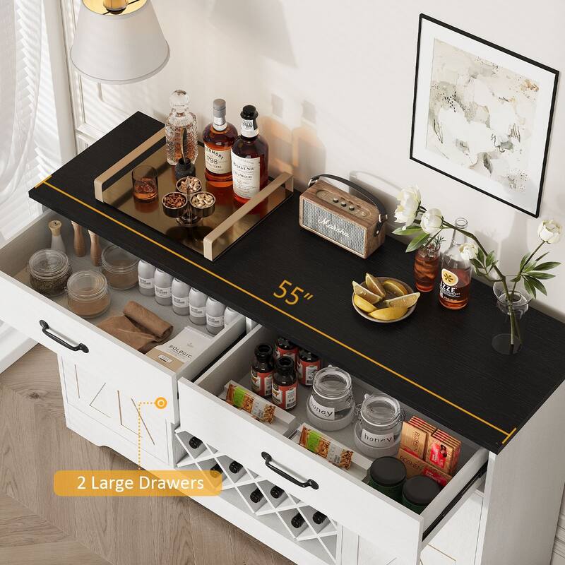 Gymojoy 55" Farmhouse Bar Cabinet with Wine Rack & Coffee Station, Rustic Storage for Dining Room, Kitchen, Living Room