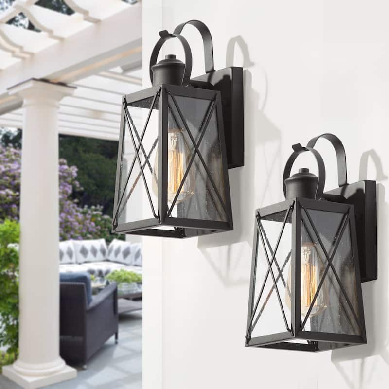 Black 1-Light Outdoor Wall Sconce Patio Lantern Light with Seeded Glass - Set of 2 - Black