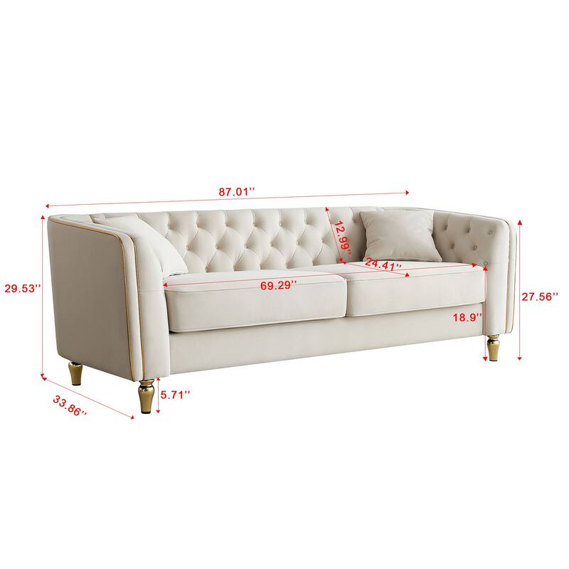 87"W Modern Tufted Beige Velvet Sofa for Living Room, Hotel Apartment