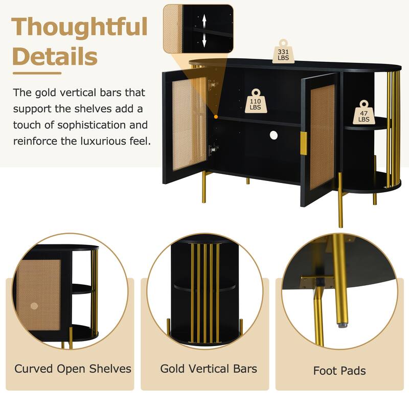 Curved Black Sideboard with Woven Rattan Doors and Open Storage