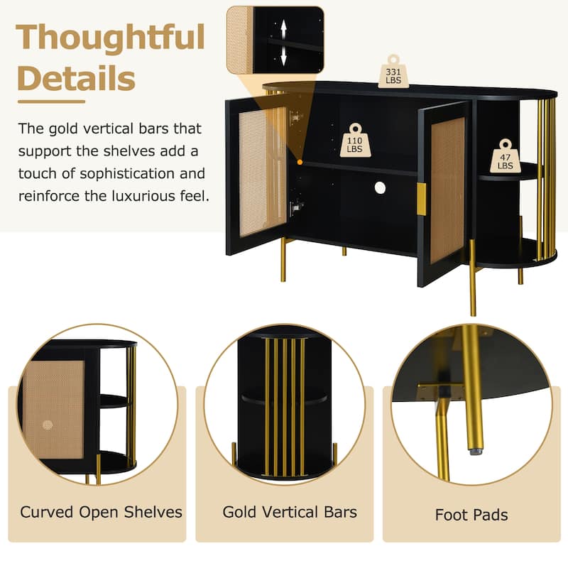 Elegant 2-Door Side Cabinet with Gold Trim and Woven Rattan Doors, Adjustable Shelves - 47.2"