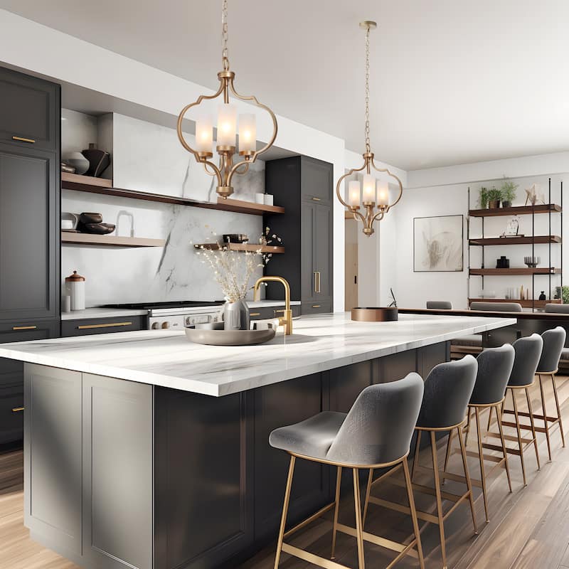 Malryn Modern 3-Light Black Gold Chandelier Frosted Glass Kitchen Island Lights