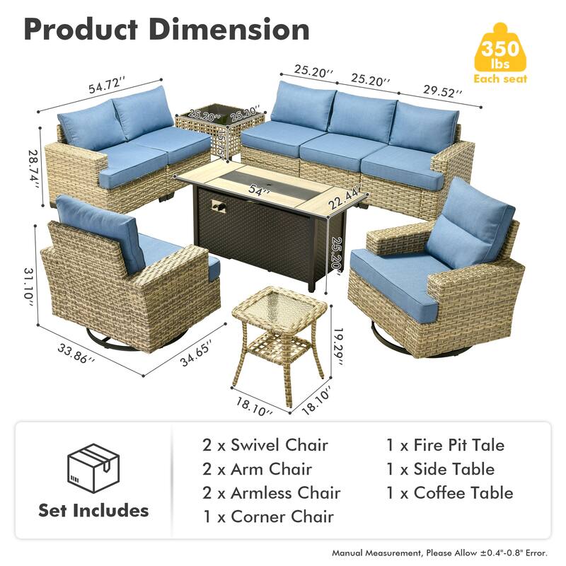 HOOOWOOO 10-piece Rattan Wicker Patio Outdoor Furniture Fire Pit Set with Swivel Rocking Chairs