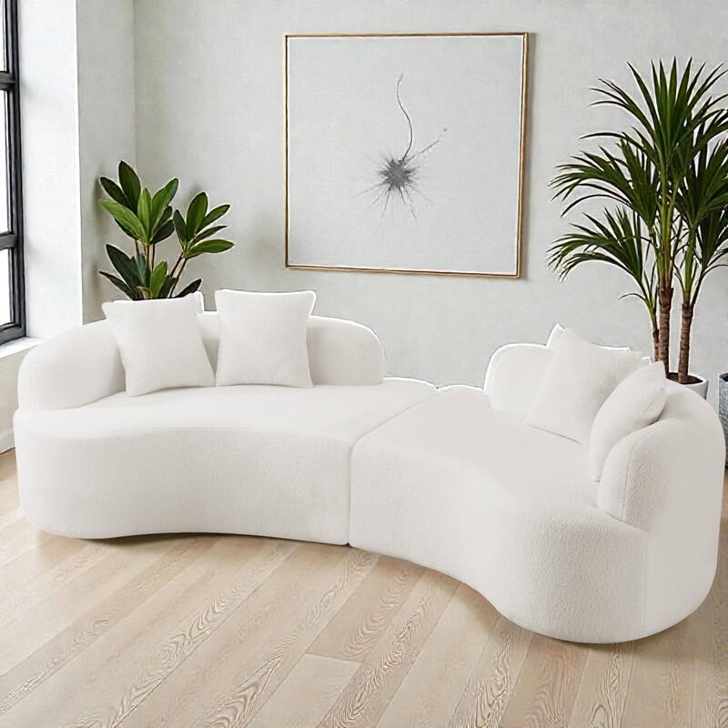 Curved Four Seater Compression Sofa 106.7", Teddy Velvet Cloud Couch, No Assembly Sofa for Apartments - White