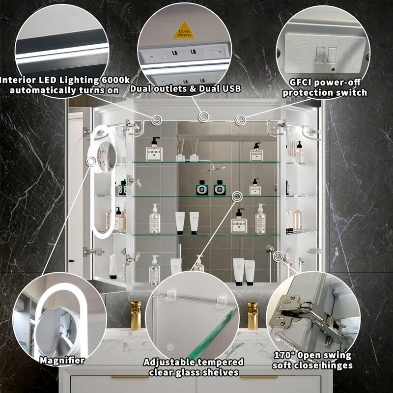 Modland 30"-48"W x 32"H Medicine Cabinet LED Mirrored Wall Mounted Bathroom Mirror with Storage