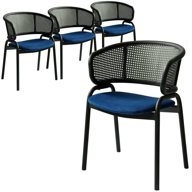 Ervilla Modern Upholstered Accent Side Chair with Wicker Back and Black Iron Legs for Dining Room & Kitchen, Set of 4 - Navy Blue