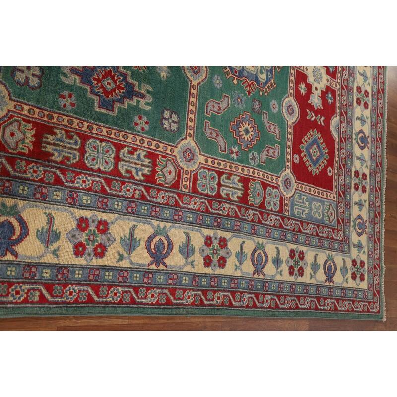 Hand Knotted Oriental 100% Wool Carpet Traditional Geometric Green Kazak Area Rug - 9' 9'' X 6' 7''