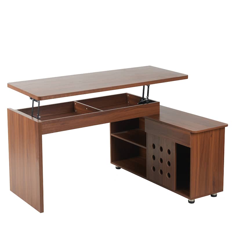 55.1"L Home Office L-Shaped Versatile Desk Height Adjustable Extendable Desk with Storage Drawers and Cabinet, Walnut