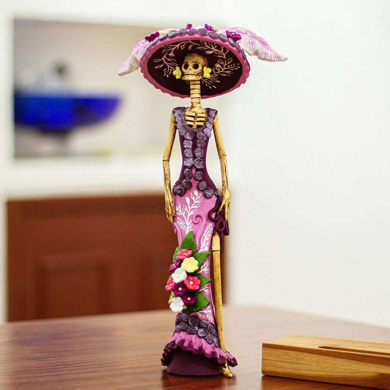 Novica Handmade La Catrina Violeta Ceramic Sculpture