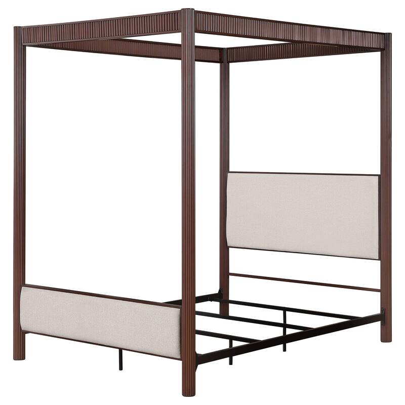 Zemy Queen Canopy Bed with 4 Posts, Beige Upholstery, Brown Metal