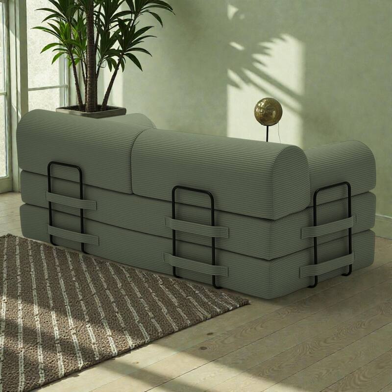 Convertible Sleeper Sofa Bed, 4-in-1 Corduroy Folding Floor Couch with Cylindrical Pillow, 2-Seat Space-Saving Lounge Sofa