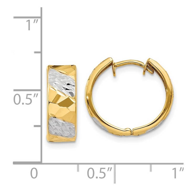 Curata 14k Yellow Gold Hinged Polished 13x5mm Sparkle Cut Rhodium Hoop Earrings