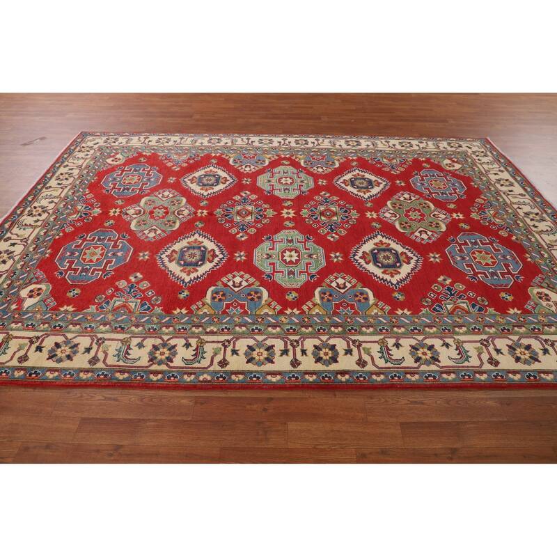 Geometric Red Kazak Area Rug Living Room Hand-Knotted Wool Carpet - 6'8" x 10'3"