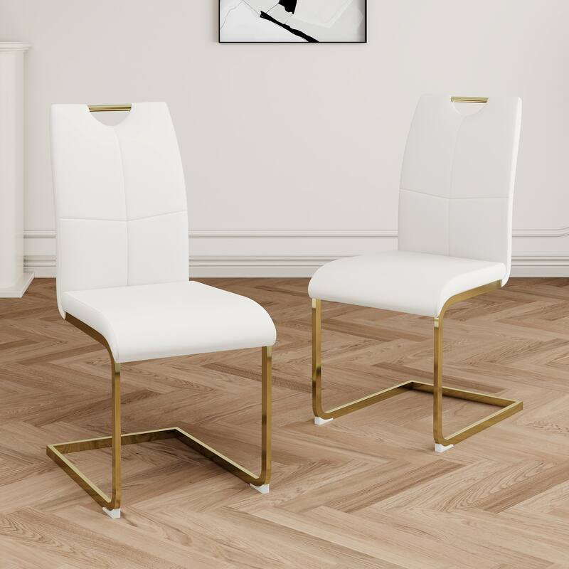 Modern Set of 2 Dining Chairs with Leather Cushioned Seat, Chrome Metal Legs, for Dining Room, Living Room, and Bedroom - White+Gold