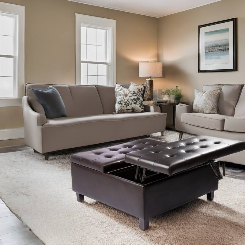 35-Inch Air Leather Tufted Upholstered Lift-Top Ottoman Bench, Large Square Storage Coffee Table for Living Room