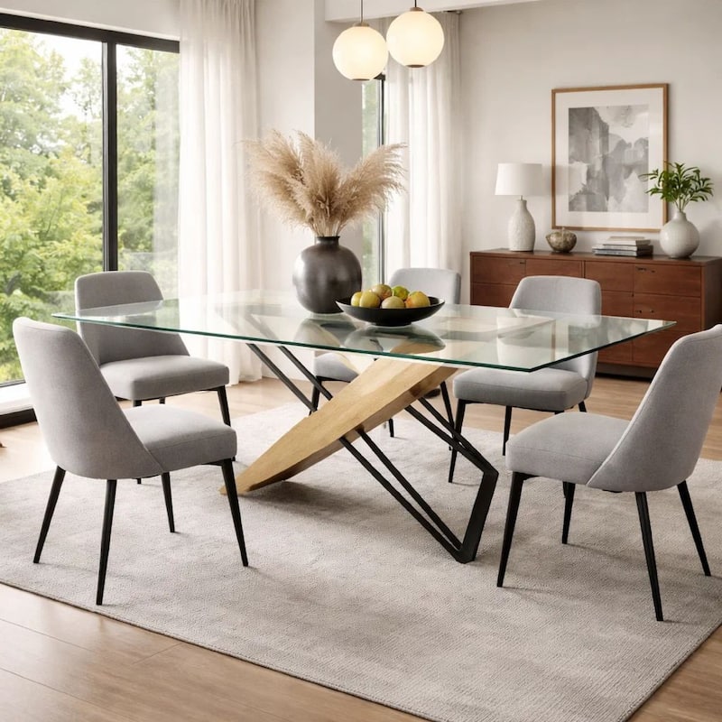 Aeon 72 Inch Dining Table, Glass Top, Wood, Metal Base, Brown, Black