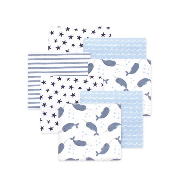slide 1 of 1, Little Treasure Hudson Baby Boys Cotton Poly Flannel Receiving Blankets Multipack, Blue Narwhal, 30x30 inches 30x30 inches - Blue Narwhal