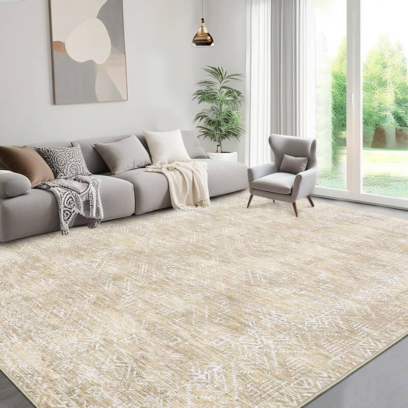 Vintage Geometric Living Room Rug Washable Indoor Bedroom Rugs Non Slip Low Pile Area Rug - 9'x12' - Beige