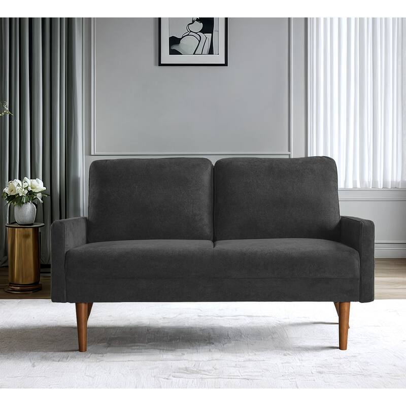 Velvet Upholstered Loveseat Sofa, Small Loveseat Sofa Couch with Rubber Wood Legs, 2 Seater Couch with Throw Pillow - Black