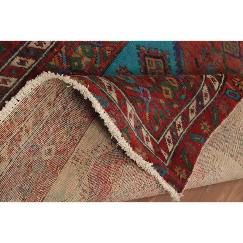 Hand Knotted Oriental 100% Wool Carpet Traditional Geometric Multi-Colored Heriz Runner Rug - 14' 1'' X 3' 9''