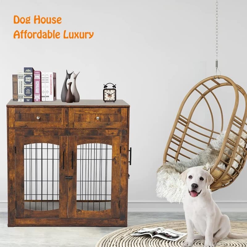 Wooden Dog Crate Furniture with Cushion 3Door Kennel End Table with2 Drawers