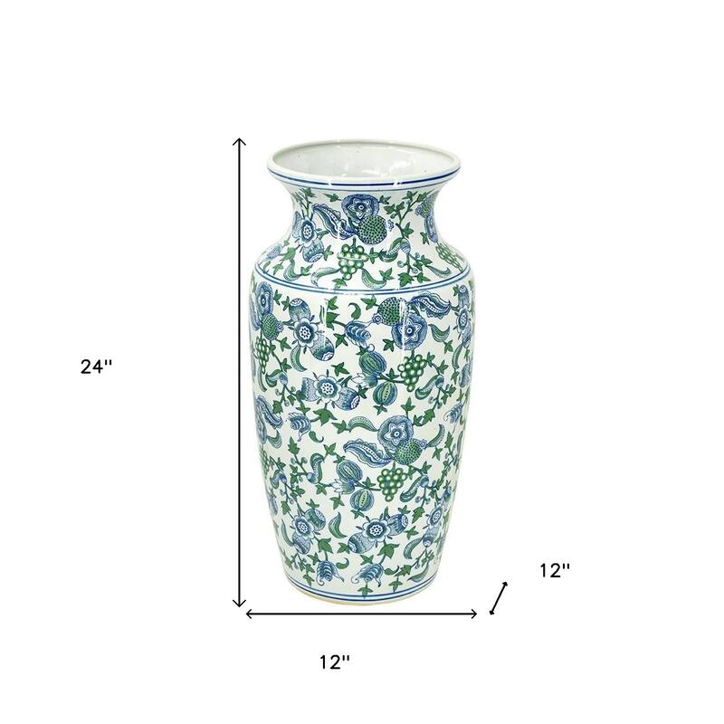 24" White Blue And Green And White Chinoiserie Porcelain Table Vase - 12.00