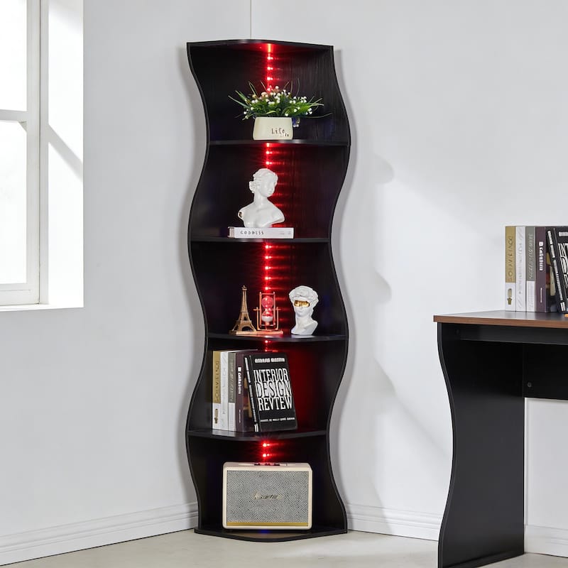 Javlergo 5-Tier Corner Bookshelf with LED Light Strip Seagrass Wave Design Tall Corner Bookcase with Lights for Living Room
