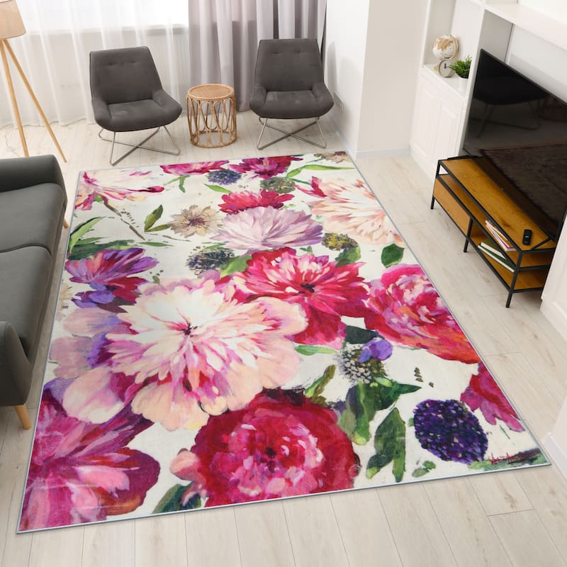 Amoroso B, Hand Washable Flowers Art Area Rug, power-loomed, 100% polyester, 2mm pile, non-slipping back - 7.5' x 10.3'