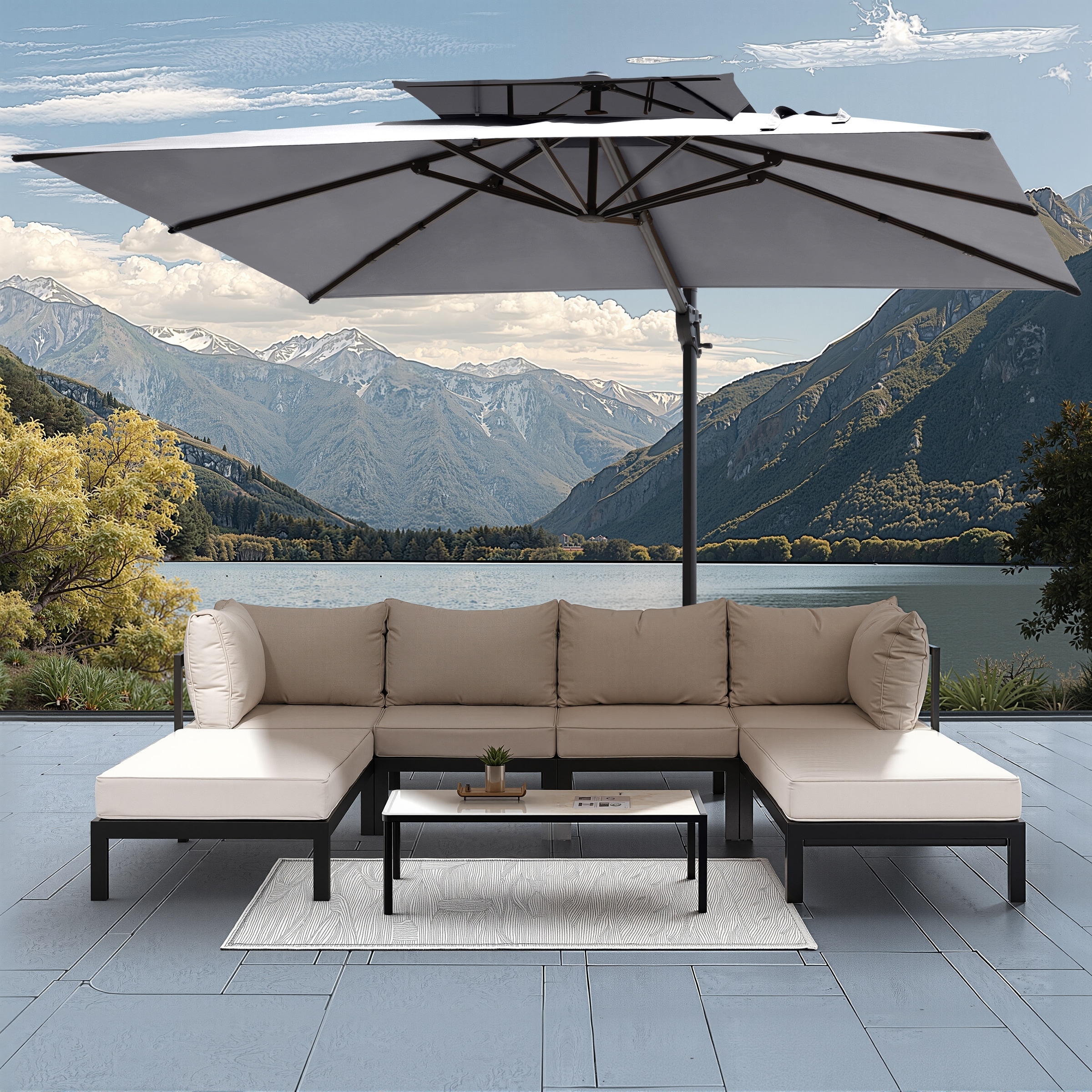 Outdoor 9x11FT Patio Dual Top Cantilever Offset Umbrella