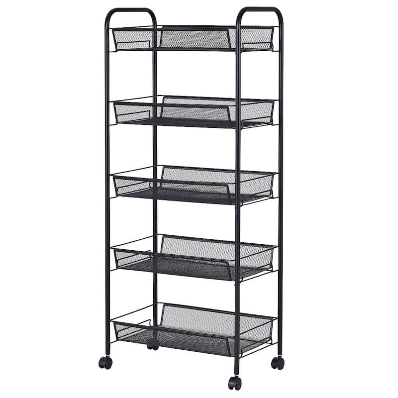 5 Tier Storage Rack Trolley Cart With Four 360 Degree Swivel Wheels - 17.5" x 10.5" x 41" (L x W x H) - Black