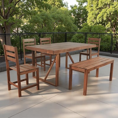 6-Piece Outdoor Patio Acacia Wood Dining Set with Rectangular Table, Benche, Chairs