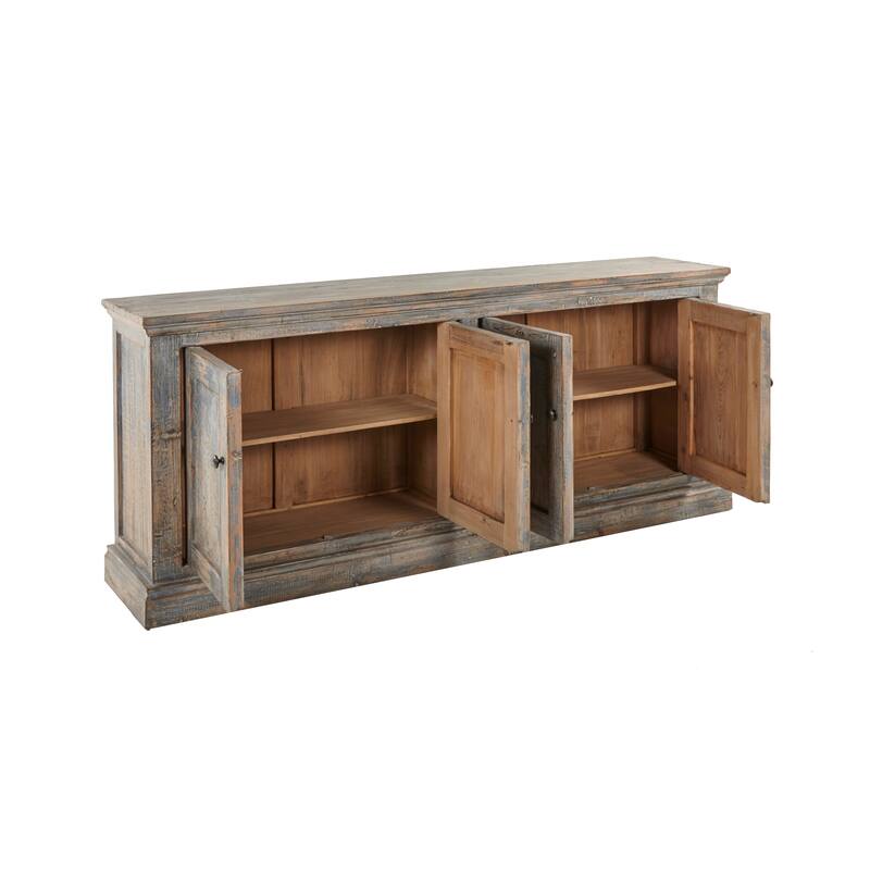 Miy Sideboard Buffet Cabinet, 4 Door, Antique Blue Pine Wood 83 Inch