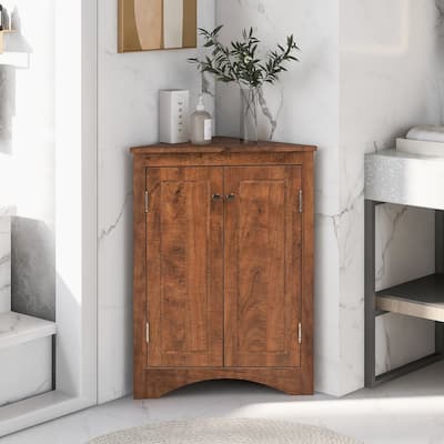 32" Wood 2-door Bathroom Corner Cabinet with Adjustable Shelves