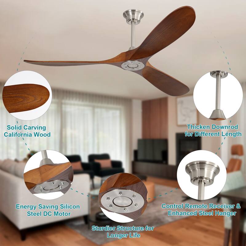 60In Ceiling Fan With 6 Speed Remote Control and 3 Wood Blades