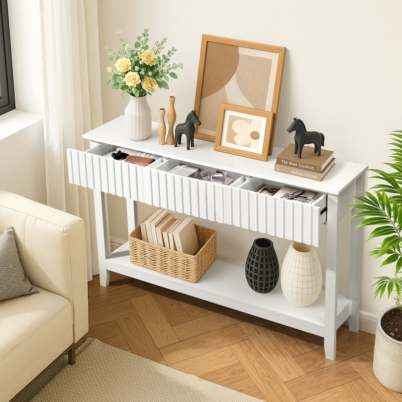 White MDF Console Table with 3 Drawers and Lower Open Storage Shelf - 51.2 x 11.8 x 32 in