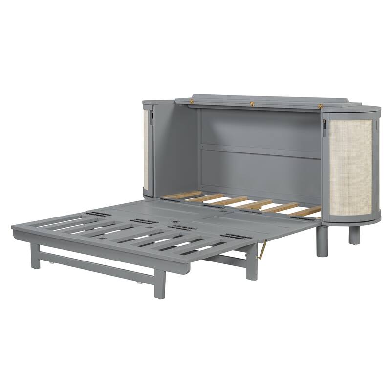 Queen Murphy Bed with Handwoven Rattan Drawers and Storage Cabinets, Rustic-Modern Foldable Wall Bed for Home Office or Studio