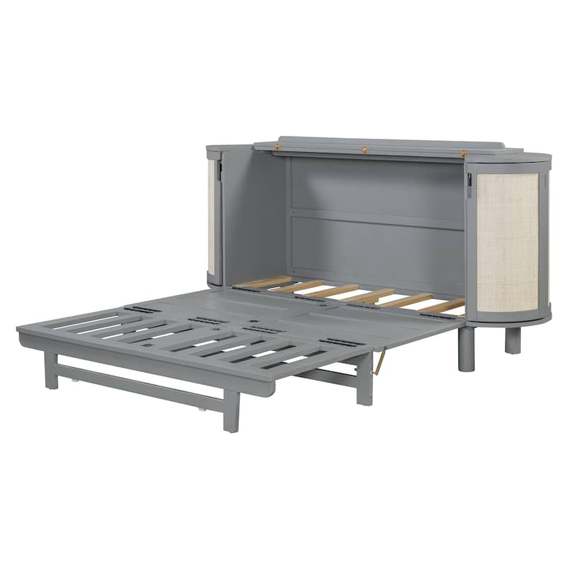 Queen Size Murphy Bed with Hidden Storage, Side Cabinets, and Woven Drawer Design, Space-Saving Foldable Bed
