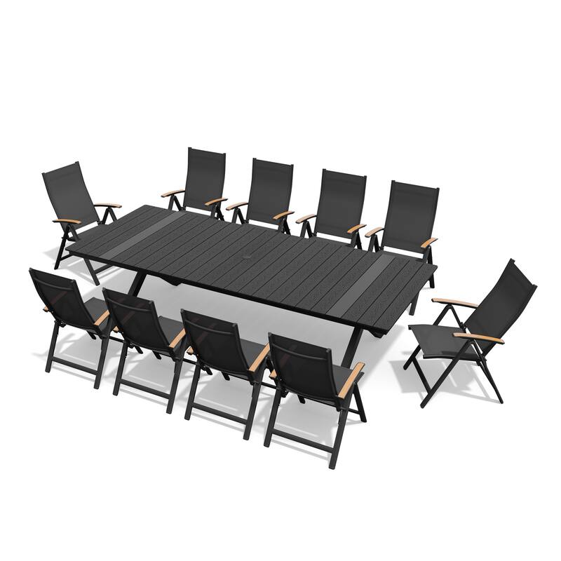 11-Piece Set Outdoor Aluminum Dining Table with Umbrella Hole and Foldable Chairs