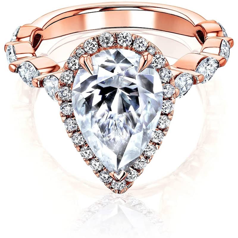 Kobelli 4.4 Carat Moissanite & Diamond 14k Solid Gold Pear Halo Scallop Band Cathedral Cristina Ring (GH/VS, DEF/VS) - 8 - Rose