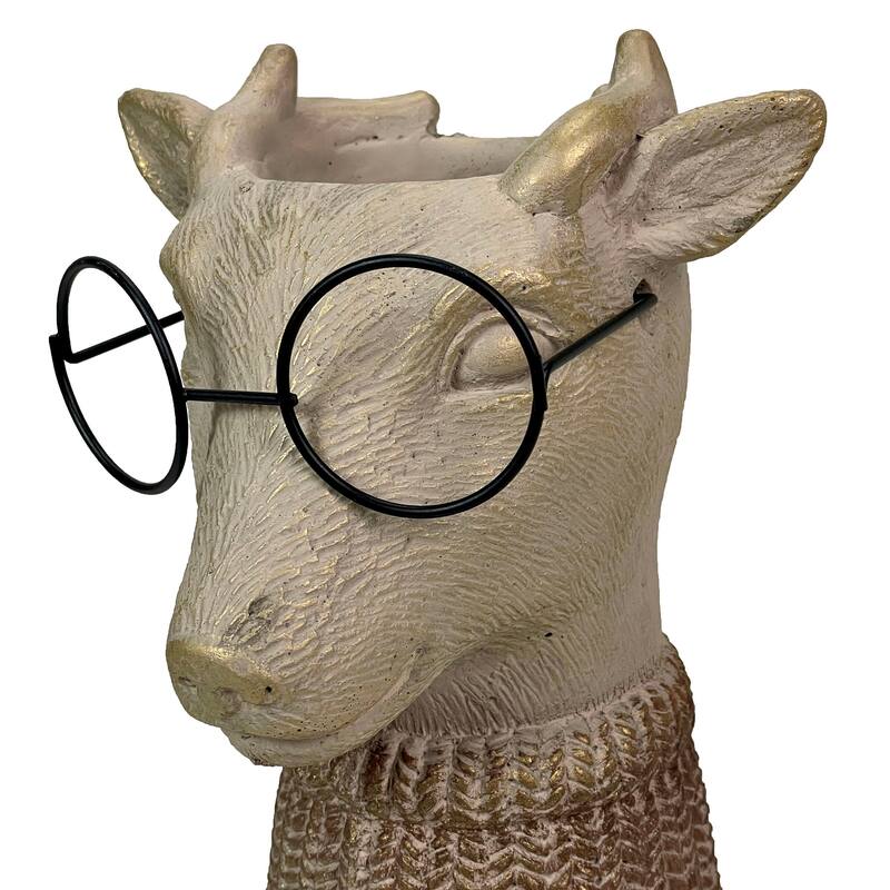 Bespectacled Deer Cement Vase 8.7" Gold Accents Knit Scarf Real Wire