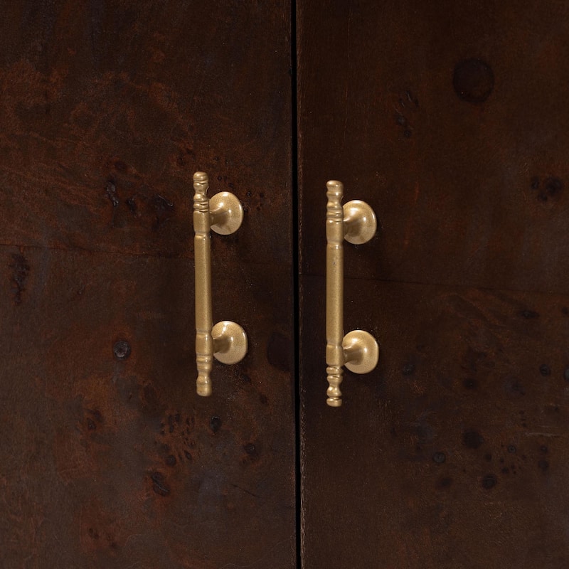Latika Real Burl Wood Storage Cabinet in Dark Walnut Brown - Modern Accent Cupboard with Double Doors and Brass Handles