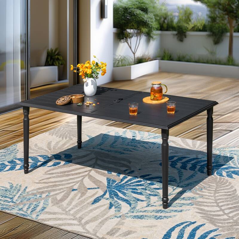 MAISON ARTS Rectangle Metal Patio Outdoor Dining Table with Umbrella Hole