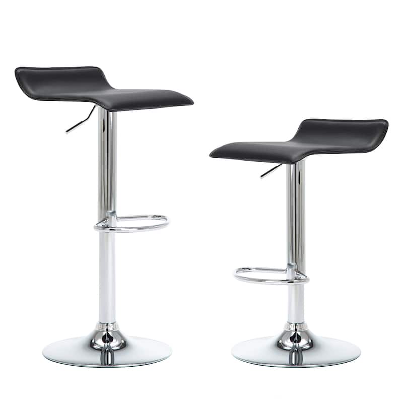 Faux Leather Upholstered Adjustable Barstools Airlift Counter Bar Pub Height Stools Set of 2 - Black/Silver