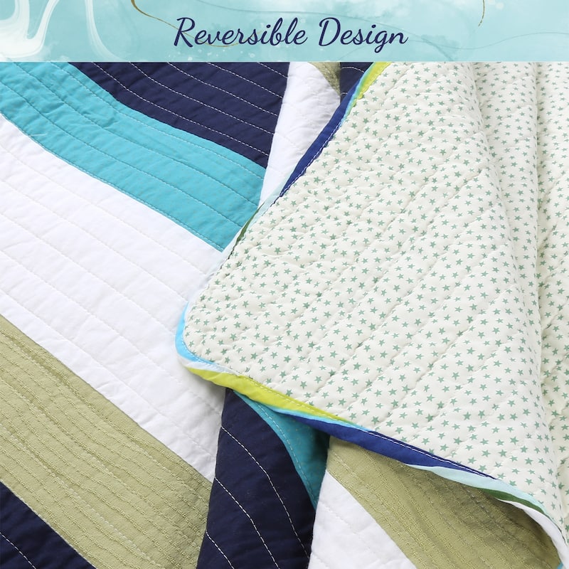 Cozy Line Aquamarine Stripe Patchwork Navy Blue Green Star Dot Cotton Reversible Quilt Bedding Set