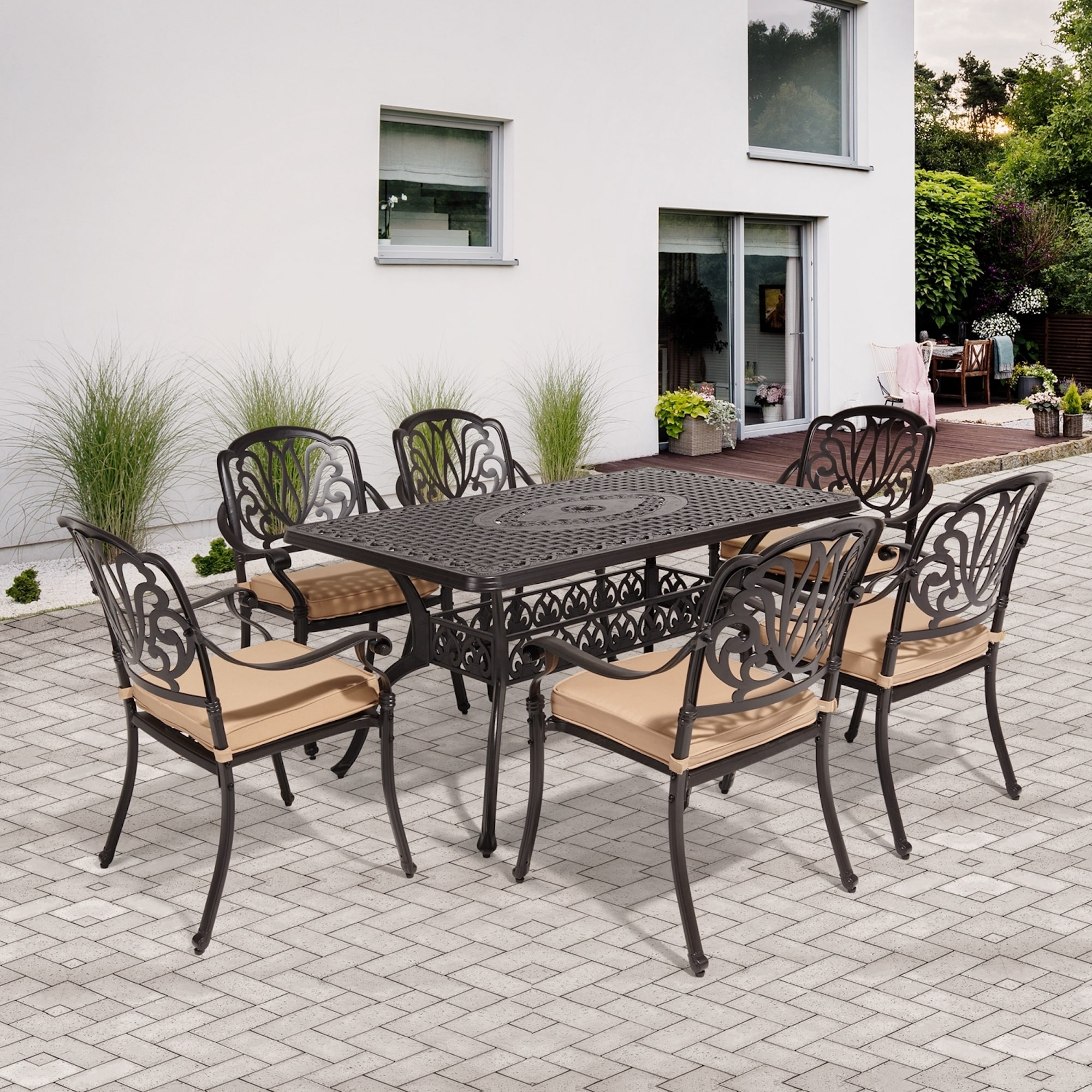 All-Weather Cast Aluminum Outdoor Conversation Set VIVIJASON 7-Piece Patio Furniture Dining Set Include 6 Cushioned Chairs and a Rectangle Table with Umbrella Hole for Balcony Lawn Garden Backyard 