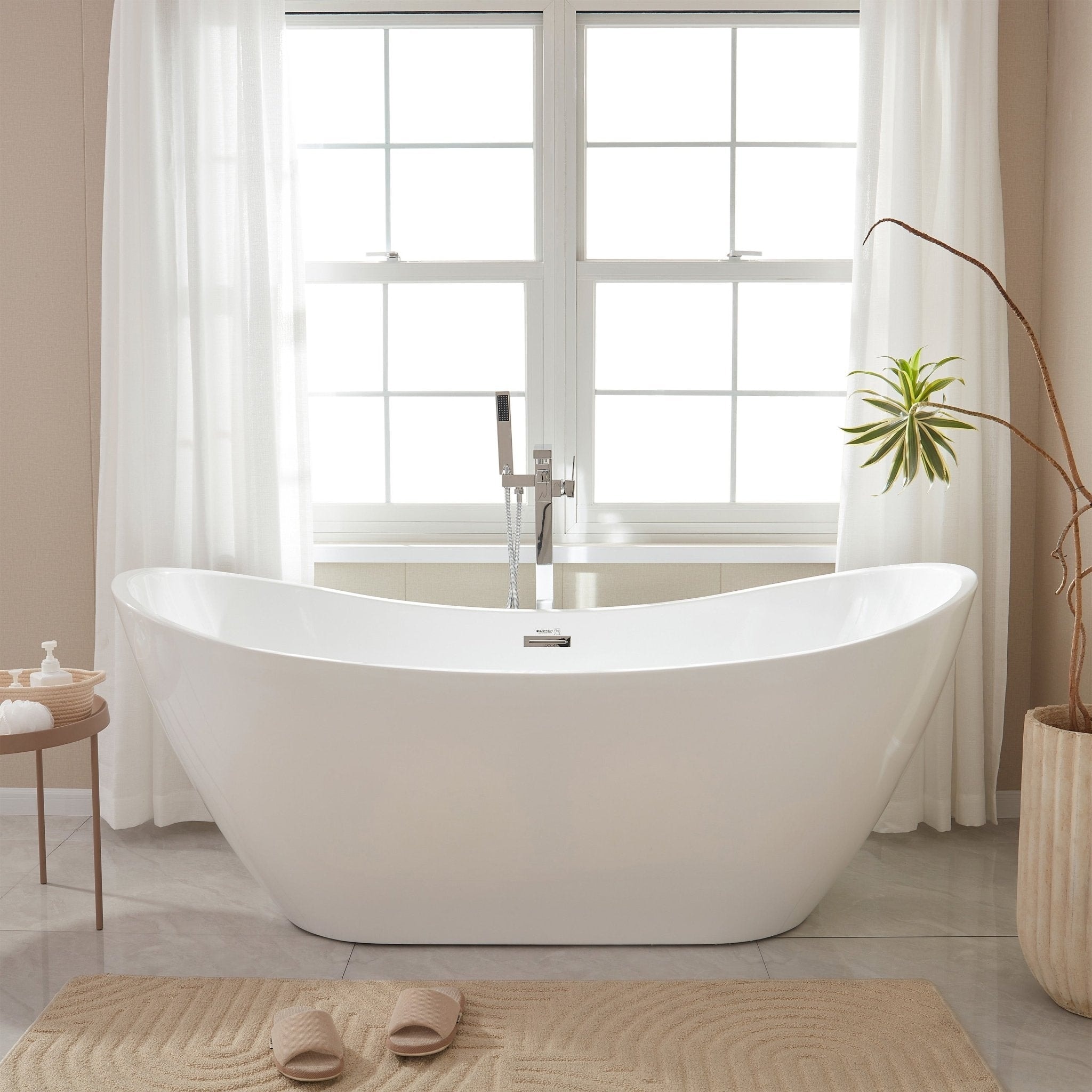 Vanity Art Acrylic Freestanding Soaking Bathtub, Modern Oval Tub with Overflow and Pop-Up Drain