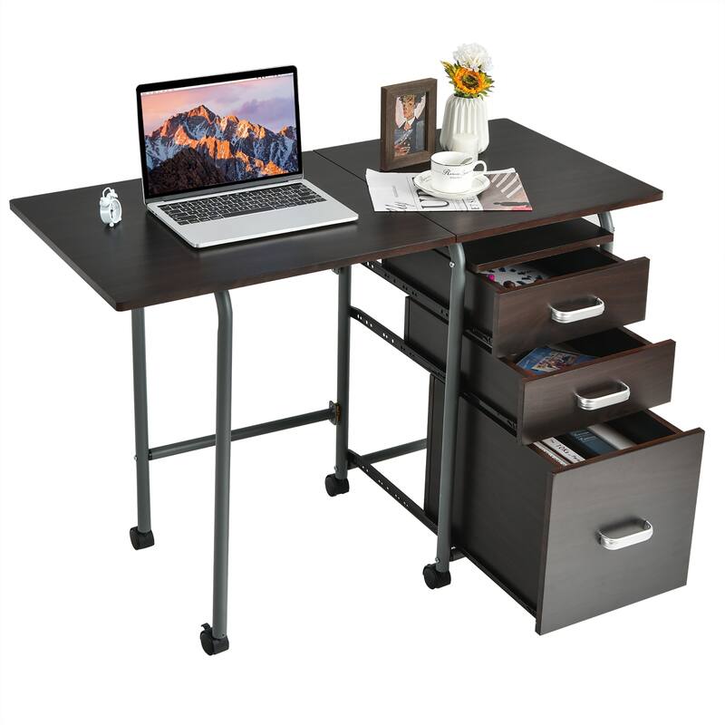 Foldable Computer Desk Laptop Table Wheeled Workstation with 3 Drawers